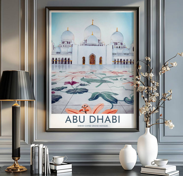 United Arab Emirates travel print showing Sheikh Zayed Grand Mosque in Abu Dhabi in a crisp watercolor fine art architectural poster style. Handcrafted by MapYourDreams, this artwork is available in flexible options including unframed paper, custom wooden frames, and gallery canvas wraps for gallery wall displays.