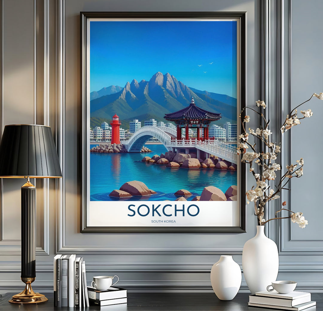 Sunny coastal sky photo illustration depicting the East Sea and Yeonggeumjeong Pavilion in Sokcho South Korea, offered by MapYourDreams in versatile styling formats like unframed paper, custom picture frames, and canvas that add relaxing seaside charm to interiors.