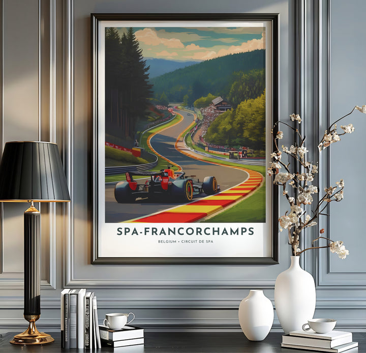 A sleek F1 car taking the bend at Spa-Francorchamps in Belgium against a backdrop of rolling forest hills and cumulus clouds. Offered by MapYourDreams, this artwork is available in flexible options including unframed paper, custom wooden frames, and gallery canvas wraps.