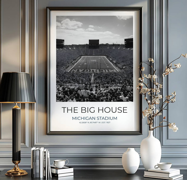 Michigan football print showing Ann Arbor stadium in a crisp black and white fine art photography travel poster style with title text. Handcrafted by MapYourDreams, this artwork is available in flexible options including unframed paper, custom wooden frames, and gallery canvas wraps for gallery wall displays.