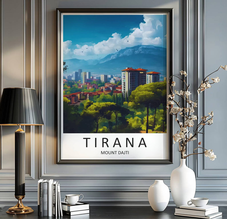 Scenic urban landscapes and towering mountain ridges blend seamlessly in this beautiful Balkan travel illustration poster. MapYourDreams provides custom choices like unframed paper, wooden frames, and stretched canvas wraps for a polished look.