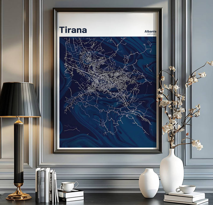 Minimalist street lines form a beautiful abstract geometric pattern over liquid marble in this vertical road map poster of Tirana, Albania. MapYourDreams provides flexible choices like unframed archival paper, custom frames in various finishes, and stretched canvas.