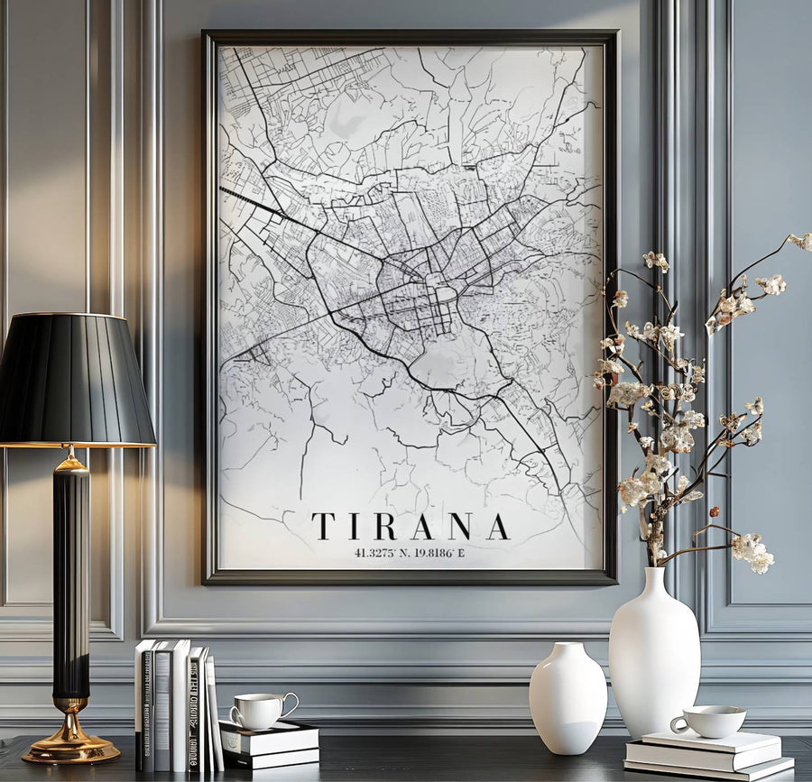 Minimalist street lines form a beautiful abstract geometric pattern in this vertical road map poster of Tirana, Albania. MapYourDreams provides flexible choices like unframed archival paper, custom frames in various finishes, and stretched canvas.