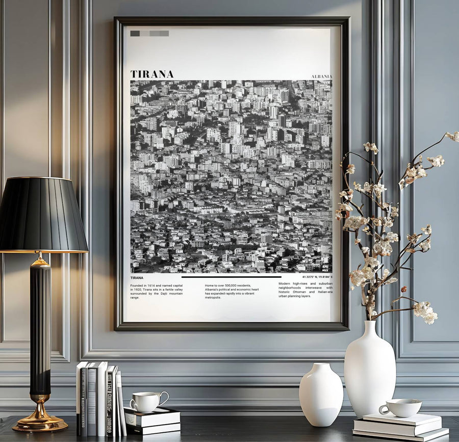 Scenic urban density and striking monochromatic grading blend seamlessly in this beautiful Black &amp; White travel photograph poster of Tirana for modern homes. MapYourDreams provides custom choices like unframed archival paper, custom frames in various finishes, and stretched canvas wraps for a polished look.