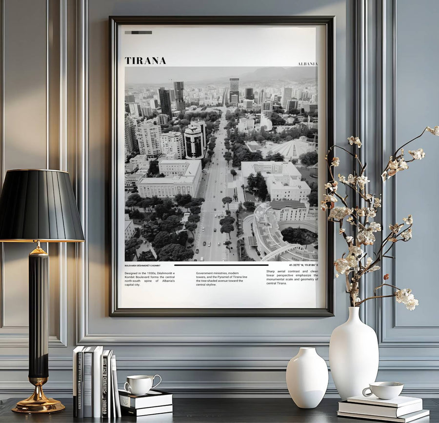 Scenic urban symmetry and striking monochromatic grading blend seamlessly in this beautiful Black &amp; White travel photograph poster of Tirana for modern homes. MapYourDreams provides custom choices like unframed archival paper, custom frames in various finishes, and stretched canvas wraps for a polished look.