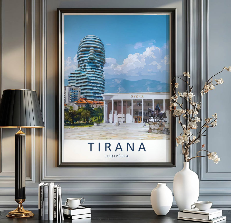 Scenic civic plazas and towering modern skyscrapers blend seamlessly in this beautiful Balkan travel illustration poster. MapYourDreams provides custom choices like unframed paper, wooden frames, and stretched canvas wraps for a polished look.