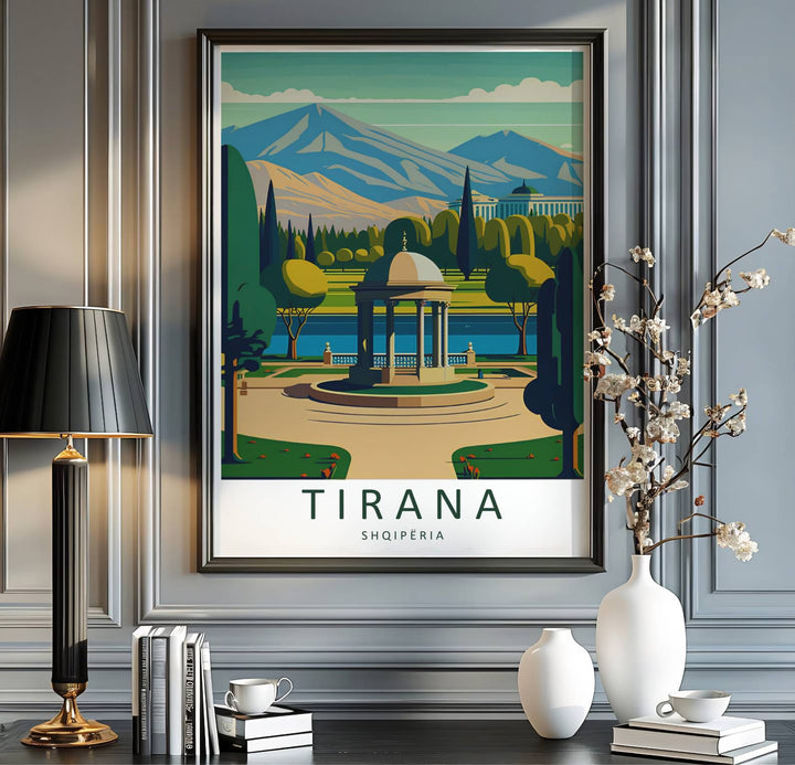 Scenic park landscapes and tranquil lake waters blend seamlessly in this beautiful Balkan travel illustration poster for nature lovers. MapYourDreams provides custom choices like unframed archival paper, custom frames in various finishes, and stretched canvas wraps for a polished look.