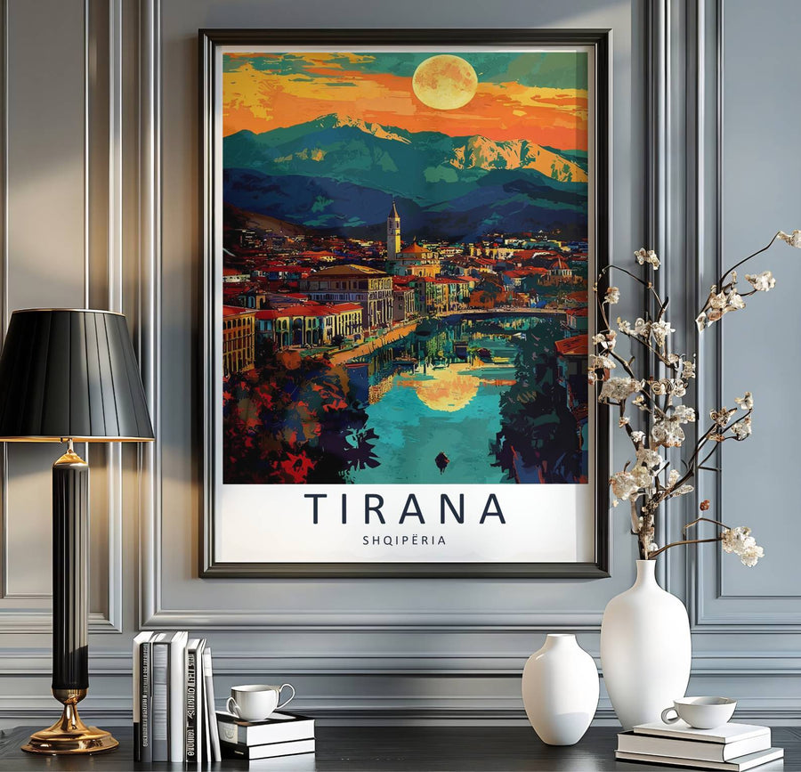 Scenic urban skylines and dramatic mountain sunsets blend seamlessly in this beautiful Balkan travel painting poster for sophisticated homes. MapYourDreams provides custom choices like unframed archival paper, custom frames in various finishes, and stretched canvas wraps for a polished look.