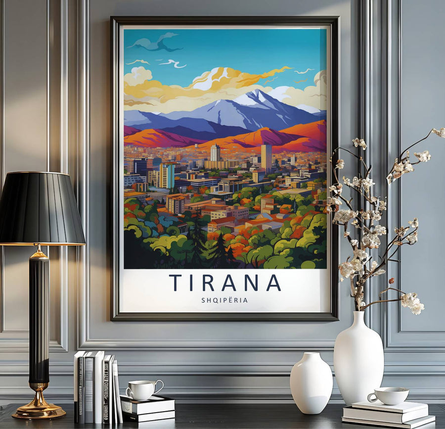 Scenic urban landscapes and towering mountain ridges blend seamlessly in this beautiful Balkan travel illustration poster. MapYourDreams provides custom choices like unframed paper, wooden frames, and stretched canvas wraps for a polished look.