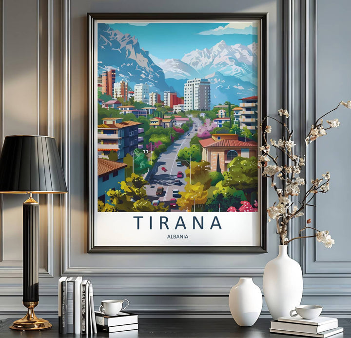 Scenic urban streets and towering mountain ridges blend seamlessly in this beautiful Balkan travel illustration poster for nature and city lovers. MapYourDreams provides custom choices like unframed archival paper, custom frames in various finishes, and stretched canvas wraps for a polished look.