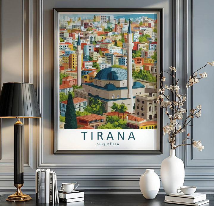 A captivating European travel poster illustrating the Namazgah Mosque in Tirana, framed by clean white borders and bold serif cartographic typography at the base. Choose from several presentation options including unframed paper, custom frames, and gallery canvas wraps.
