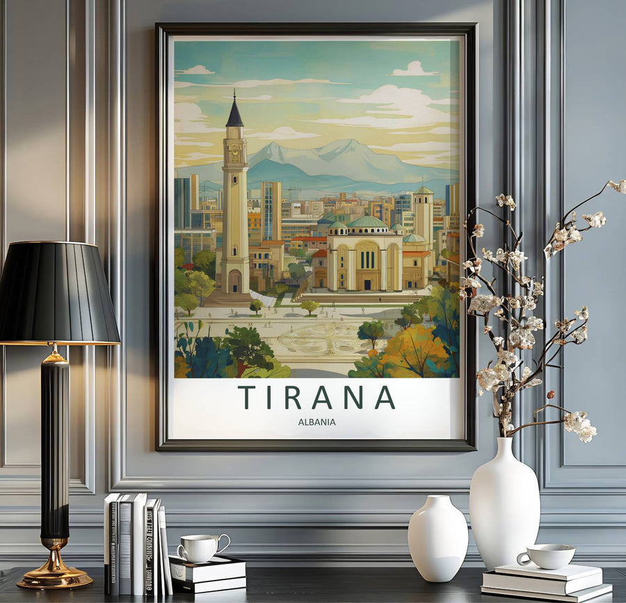Scenic urban streetscapes and monumental religious architecture blend seamlessly in this beautiful Balkan travel retro illustration poster. MapYourDreams provides custom choices like unframed archival paper, custom frames in various finishes, and stretched canvas wraps for a polished look.