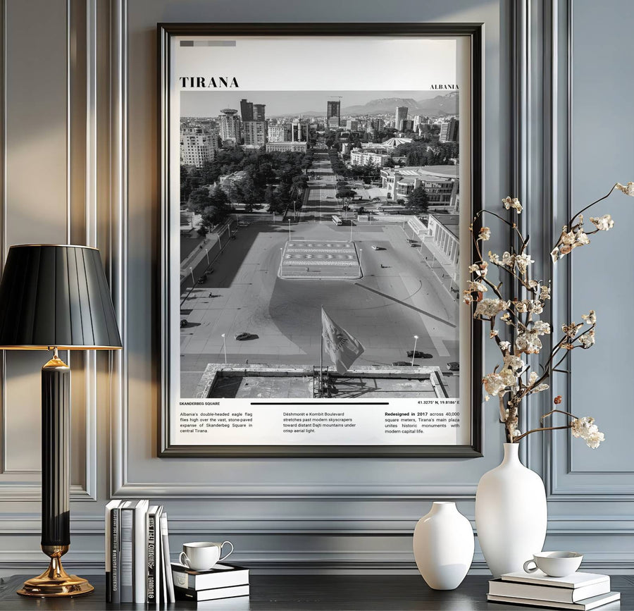 Scenic urban symmetry and striking monochromatic grading blend seamlessly in this beautiful Black &amp; White travel photograph poster of Tirana for modern homes. MapYourDreams provides custom choices like unframed archival paper, custom frames in various finishes, and stretched canvas wraps for a polished look.