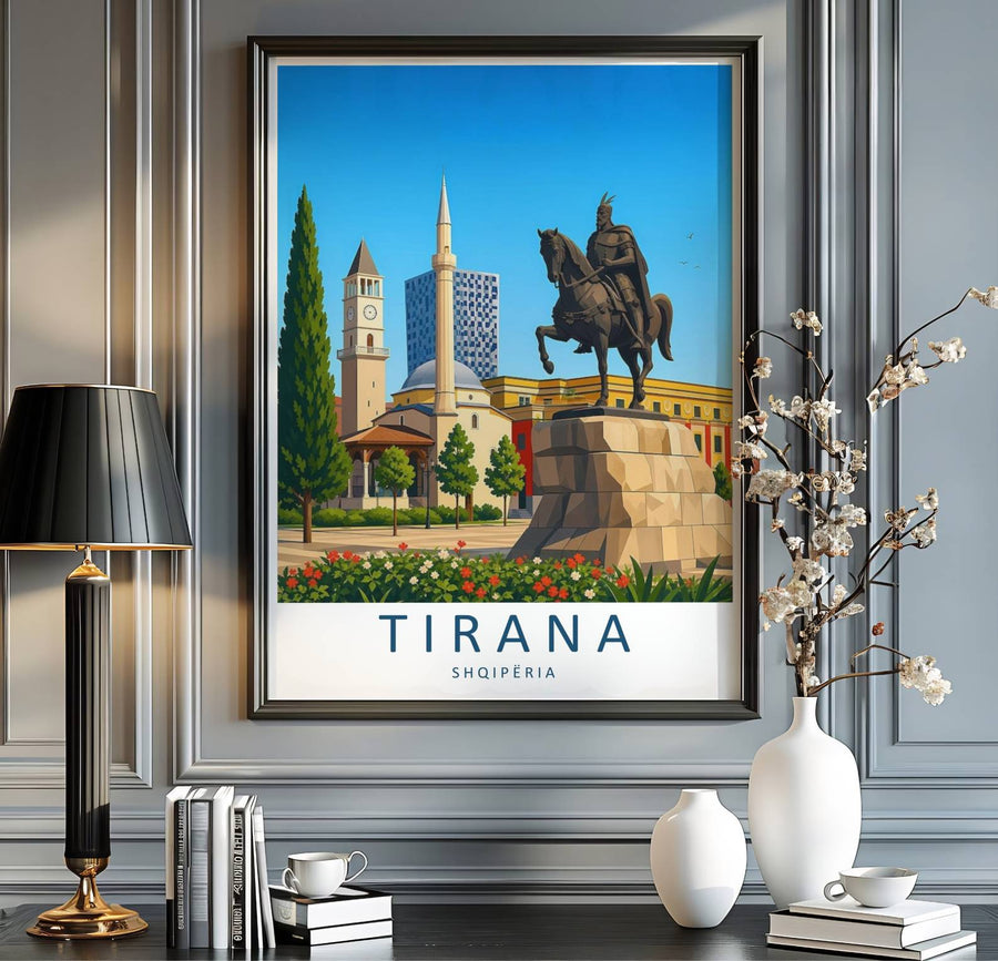 Scenic urban streetscapes and monumental historical statues blend seamlessly in this beautiful Balkan travel vector illustration poster. MapYourDreams provides custom choices like unframed archival paper, custom frames in various finishes, and stretched canvas wraps for a polished look.