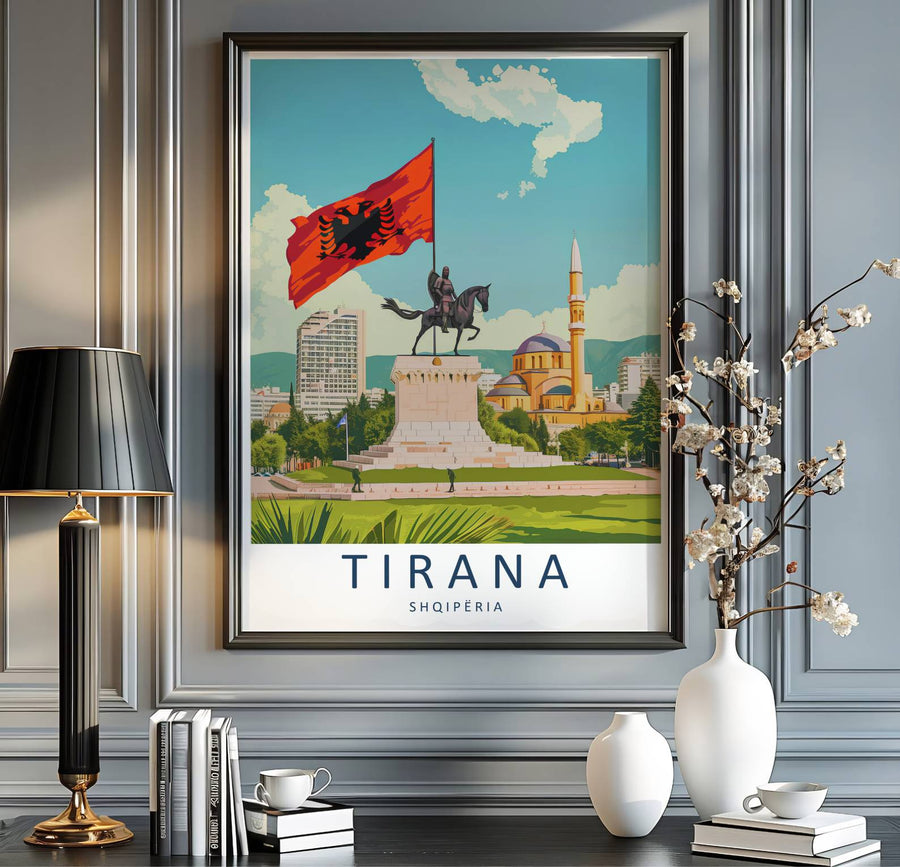 Scenic urban streetscapes and monumental national symbols blend seamlessly in this beautiful Balkan travel vector illustration poster. MapYourDreams provides custom choices like unframed archival paper, custom frames in various finishes, and stretched canvas wraps for a polished look.