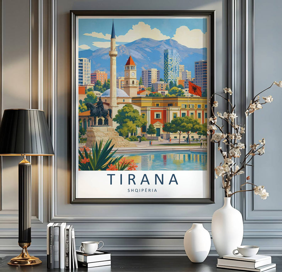 Scenic urban streetscapes and monumental historic structures blend seamlessly in this beautiful Balkan travel vintage illustration poster. MapYourDreams provides custom choices like unframed archival paper, custom frames in various finishes, and stretched canvas wraps for a polished look.