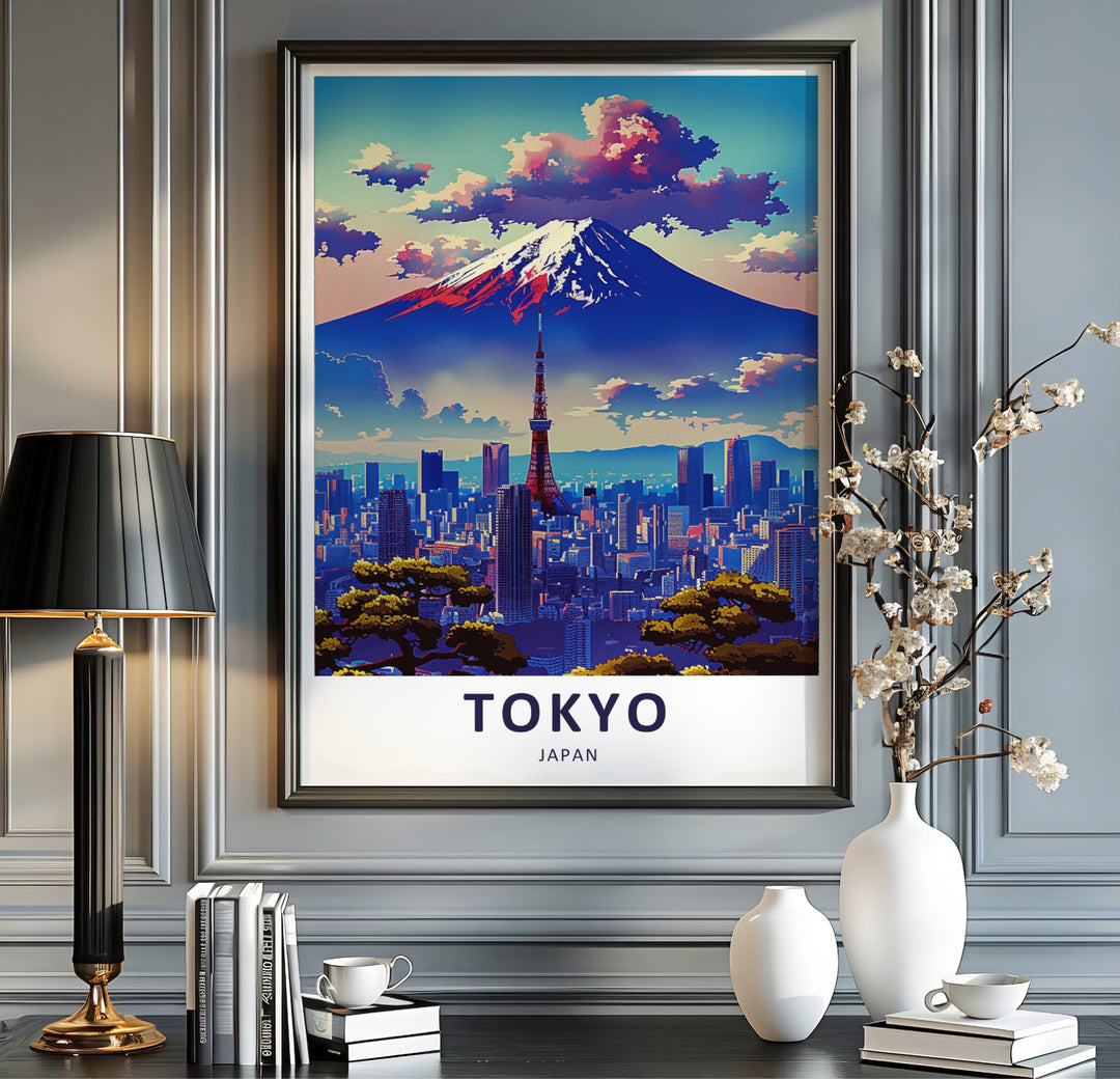 Contemporary travel wall art capturing the iconic landmarks of Tokyo Japan including Mount Fuji and Tokyo Tower. Offered by MapYourDreams, this artwork is available in flexible options including unframed paper, custom wooden frames, and gallery canvas wraps.