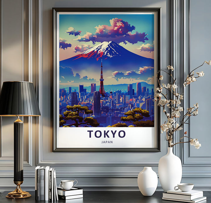 Contemporary travel wall art capturing the iconic landmarks of Tokyo Japan including Mount Fuji and Tokyo Tower. Offered by MapYourDreams, this artwork is available in flexible options including unframed paper, custom wooden frames, and gallery canvas wraps.