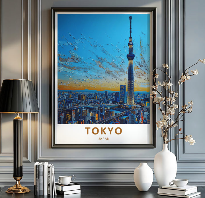 Asian travel poster featuring Tokyo Skytree tower with impasto texture effects and rich blue tones. Offered by MapYourDreams, this artwork is available in flexible options including unframed paper, custom wooden frames, and gallery canvas wraps.