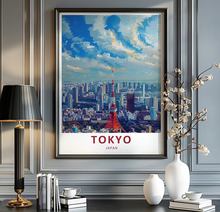 Contemporary travel wall art capturing the modern architecture of Tokyo Japan and the famous Tokyo Tower. Offered by MapYourDreams, this artwork is available in flexible options including unframed paper, custom wooden frames, and gallery canvas wraps.