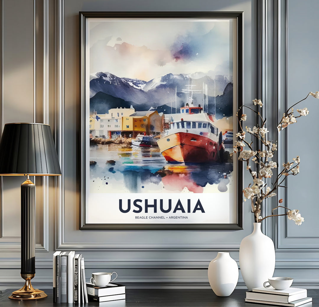 Rendered in expressive watercolor technique, this Ushuaia port wall art depicts an expedition vessel docked along the Beagle Channel in Argentina, designed by MapYourDreams in unframed, custom framed, and canvas finishes.