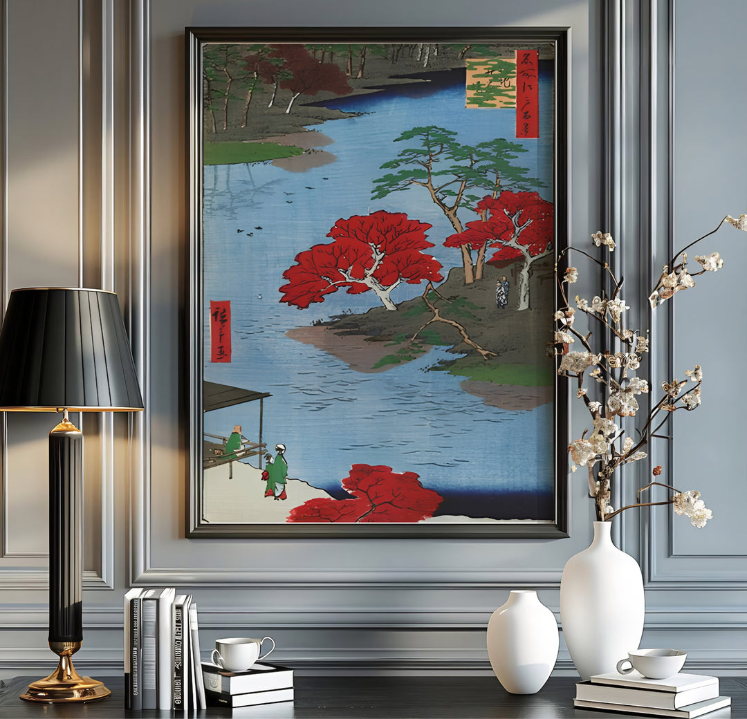 Japanese autumn maple print Akiba Shrine Ukeji with blue water tones by artist Utagawa Hiroshige inspired by 1857 Edo views in Akiba Shrine Ukeji. MapYourDreams offers versatile framed, unframed, and canvas print wall decor formats.
