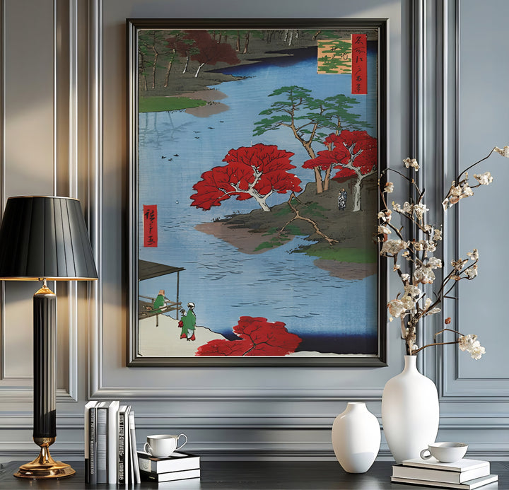 Japanese autumn maple print Akiba Shrine Ukeji with blue water tones by artist Utagawa Hiroshige inspired by 1857 Edo views in Akiba Shrine Ukeji. MapYourDreams offers versatile framed, unframed, and canvas print wall decor formats.