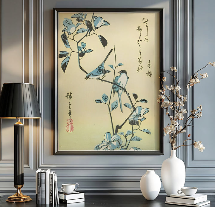 Japanese floral print Birds Flowering Branch with soft green tones by artist Utagawa Hiroshige inspired by 1832 Edo views in Edo Botanical Garden. MapYourDreams offers versatile framed, unframed, and canvas print wall decor formats.