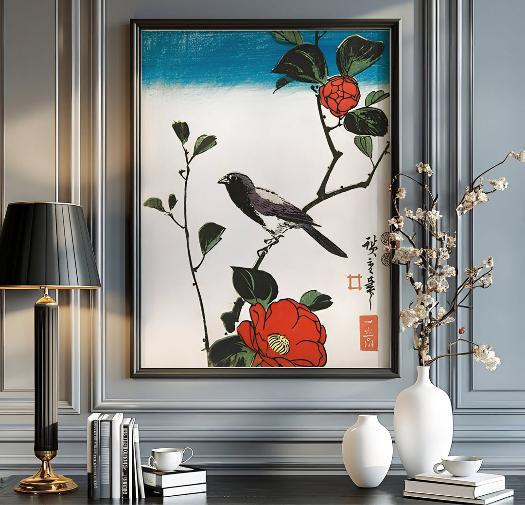 Japanese sparrow botanical print Java Sparrow Camellia with rich red flower tones by artist Utagawa Hiroshige inspired by 1830 nature art in Kyoto Camellia Garden. MapYourDreams offers versatile framed, unframed, and canvas print wall decor formats.
