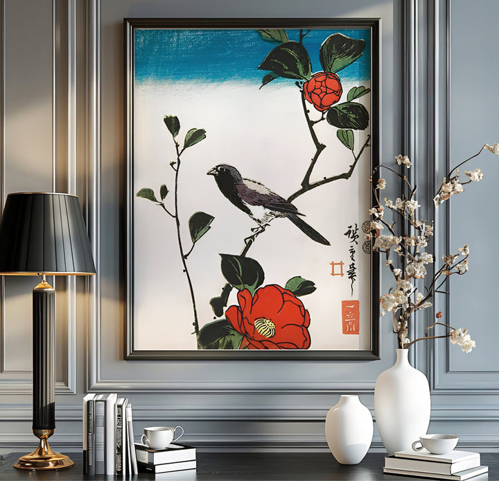 Japanese sparrow botanical print Java Sparrow Camellia with rich red flower tones by artist Utagawa Hiroshige inspired by 1830 nature art in Kyoto Camellia Garden. MapYourDreams offers versatile framed, unframed, and canvas print wall decor formats.