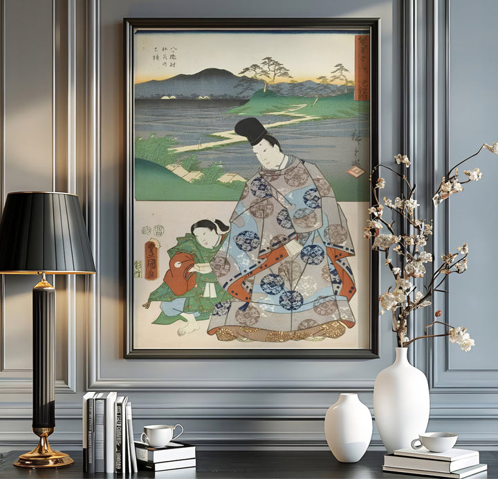 Authentic Japanese court art poster Chiryu Yatsuhashi artwork by artist Utagawa Kunisada and Utagawa Hiroshige referencing Tokaido views at Chiryu Post Station and Yatsuhashi Bridge. Order custom framed, unframed paper, or textured canvas print options from MapYourDreams.