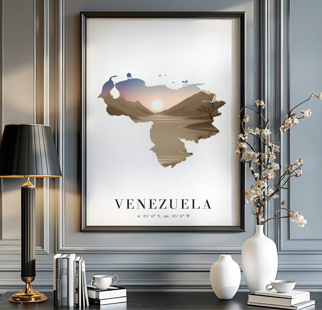 Warm sunset desert art print produced on 220gsm acid-free Epson professional matte paper with archival ultra-chrome inks. Offered in the MapYourDreams store, this artwork suits any room setup in unframed paper, real wood frames, or canvas wrap styles.