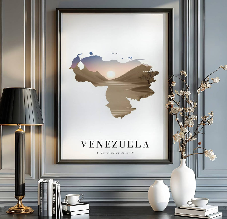 Warm sunset desert art print produced on 220gsm acid-free Epson professional matte paper with archival ultra-chrome inks. Offered in the MapYourDreams store, this artwork suits any room setup in unframed paper, real wood frames, or canvas wrap styles.
