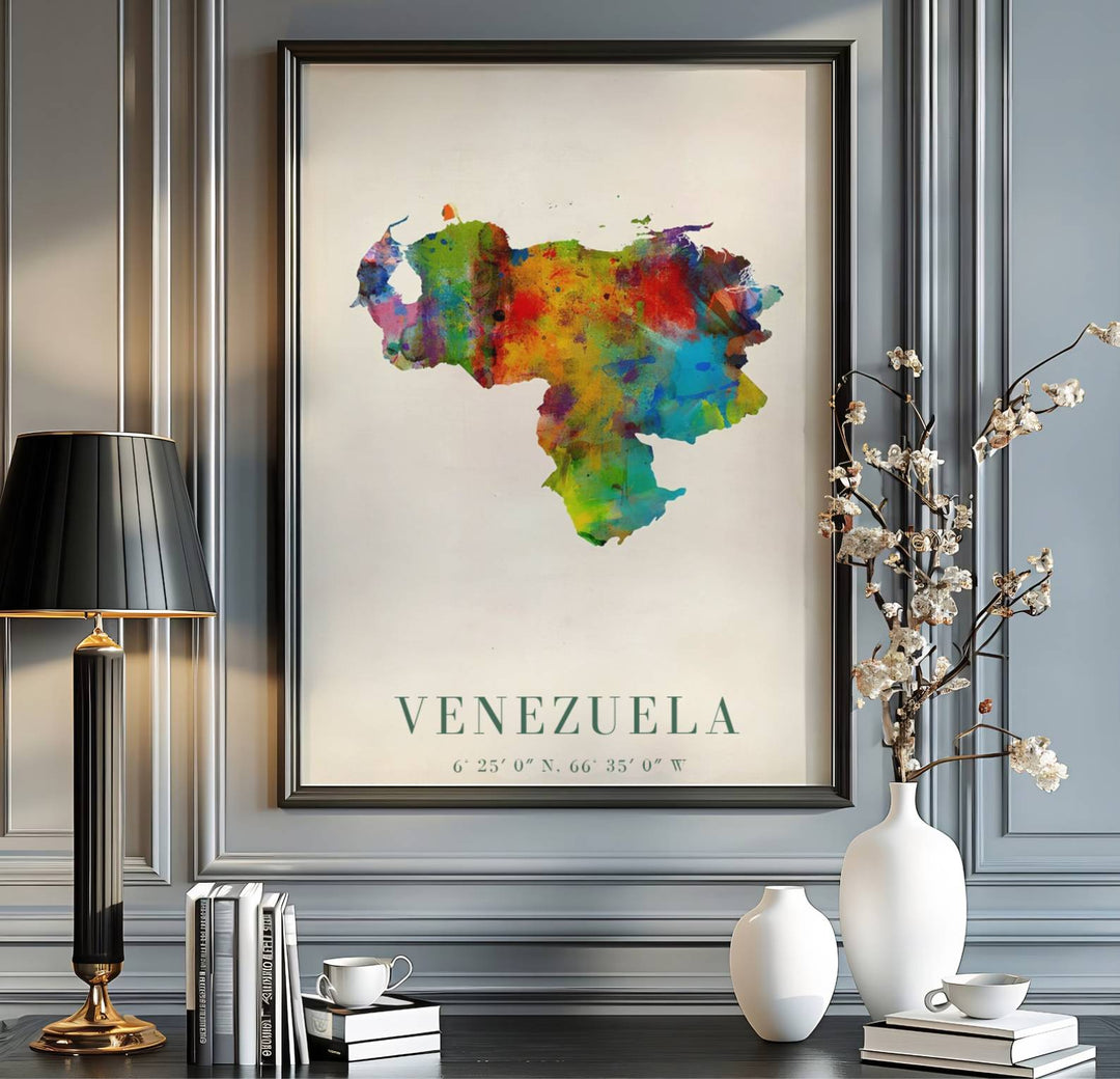 Contemporary travel poster capturing the expressive artistic aesthetic of Venezuela for bohemian and modern interior spaces. A fine offering from MapYourDreams, choose between flexible product formats like borderless paper, custom wooden frames, or canvas wraps.