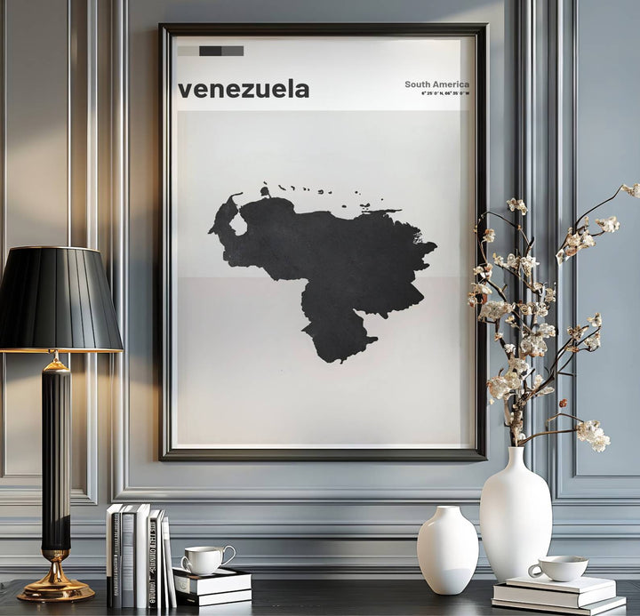 Contemporary travel poster capturing the clean Scandinavian aesthetic of Venezuela for minimalist and modern interior spaces. A fine offering from MapYourDreams, choose between flexible product formats like borderless paper, custom wooden frames, or canvas wraps.