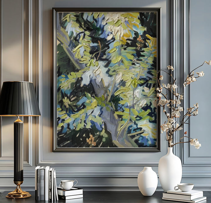 Expressive impasto botanical print of Vincent van Gogh Blossoming Acacia Branches 1890 illustrating lush leaves in Auvers-sur-Oise France. Shop high-definition framed prints, unframed paper posters, and stretched canvas options directly at MapYourDreams for classical artwork arrangements.