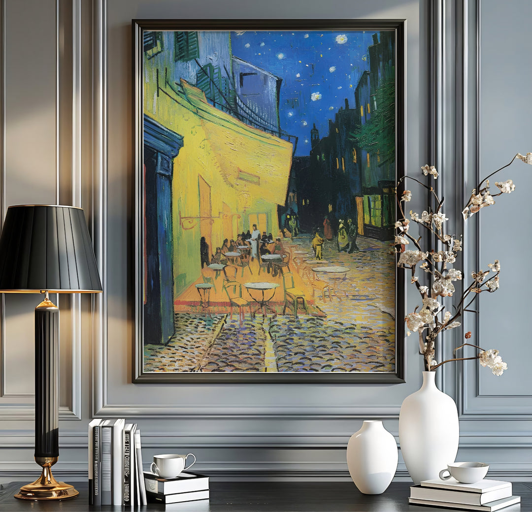 Historic nocturnal artwork poster of Vincent van Gogh Cafe Terrace at Night 1888 rendered in blue, gold, and green tones on Place du Forum in Arles France. Order custom framed prints, unframed paper wall art, or gallery canvas options from MapYourDreams to elevate your interior design scheme.