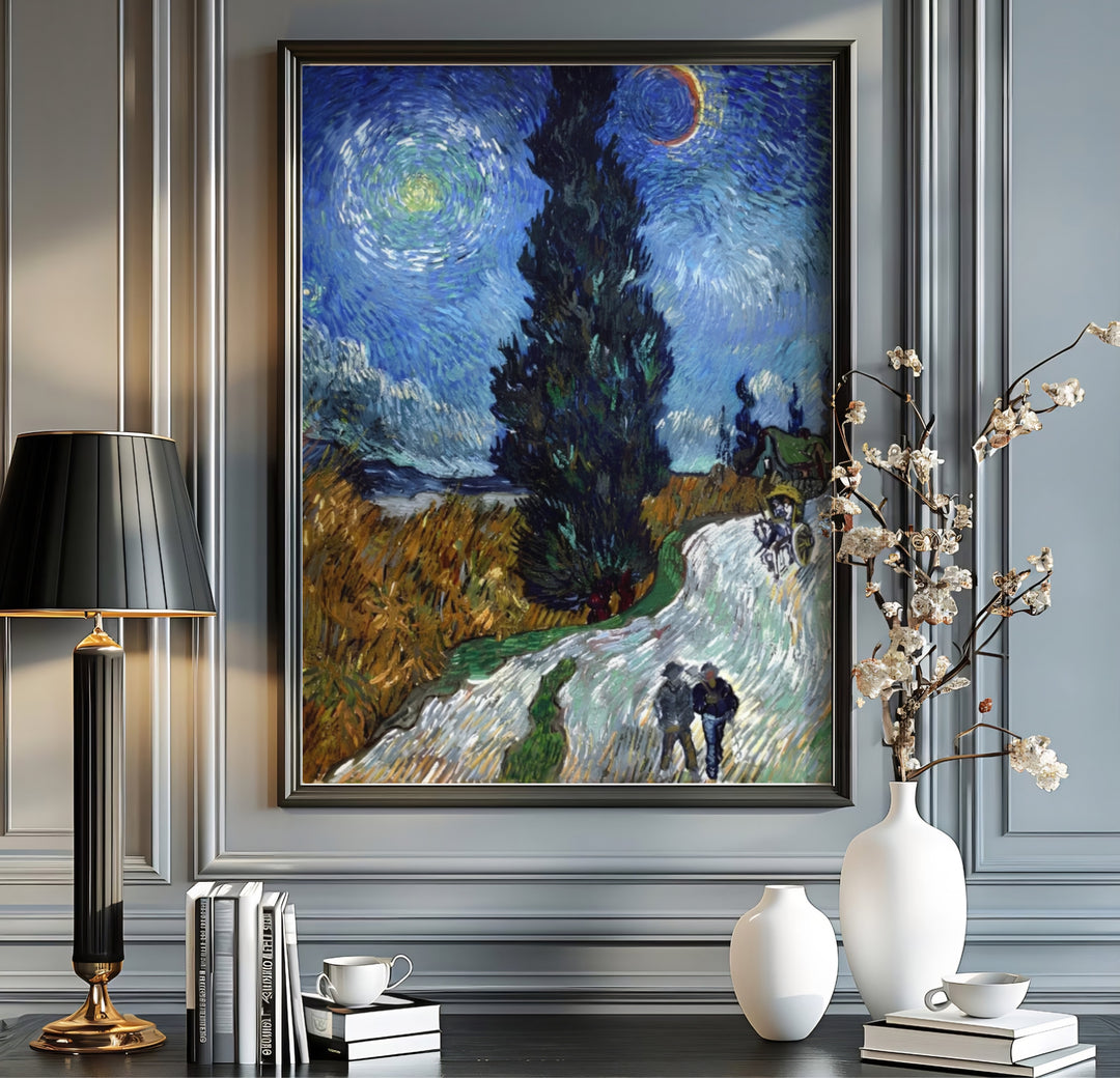 Historic nocturnal landscape poster of Vincent van Gogh Country Road in Provence by Night 1890 rendered in blue, gold, and green tones in Saint-Rémy-de-Provence France. Order custom framed prints, unframed paper wall art, or gallery canvas options from MapYourDreams for interior spaces.