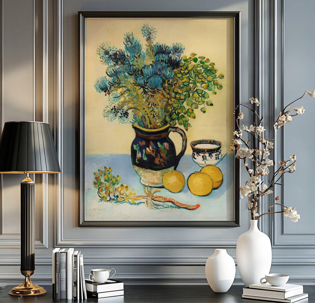 Rustic floral canvas art print of Vincent van Gogh Majolica Jar Wildflowers 1888 depicting a ceramic jug and fruit in Arles France. MapYourDreams offers versatile framed wall art, unframed poster prints, and stretched canvas choices for art lovers and home decorators.