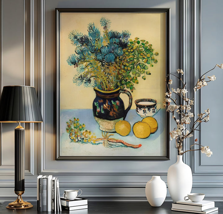 Rustic floral canvas art print of Vincent van Gogh Majolica Jar Wildflowers 1888 depicting a ceramic jug and fruit in Arles France. MapYourDreams offers versatile framed wall art, unframed poster prints, and stretched canvas choices for art lovers and home decorators.