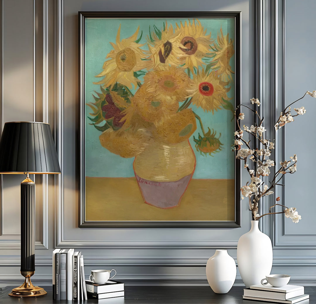 Historic 1888 artwork poster of Vincent van Gogh Sunflowers on Blue 1888 rendered with gold and blue tones in Arles France. Order custom framed prints, unframed paper wall art, or gallery canvas options from MapYourDreams to elevate your room aesthetics.