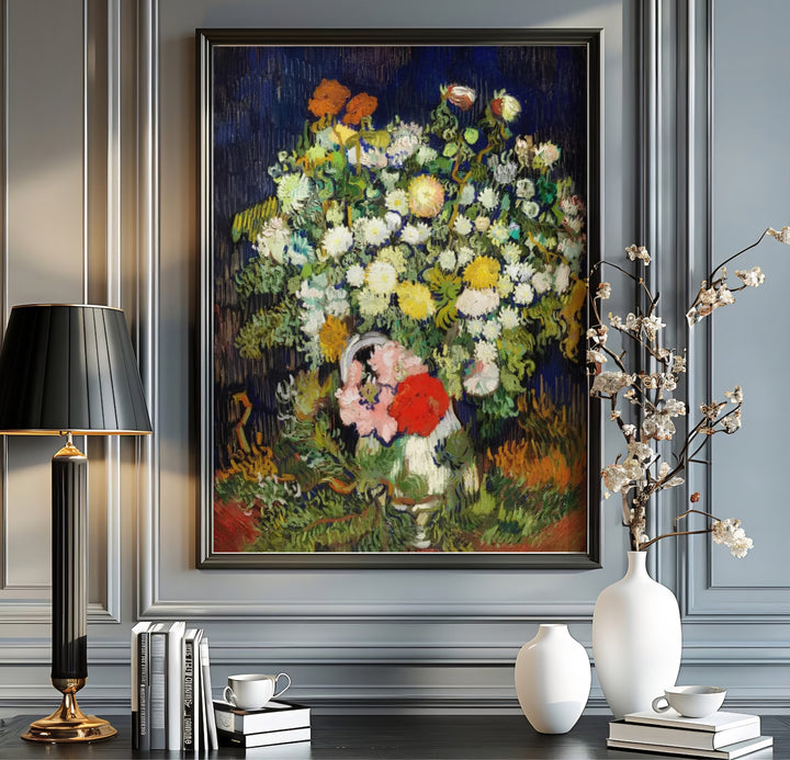 Moody floral canvas art print of Vincent van Gogh Vase With Flowers 1890 depicting a ceramic vessel and stems in Auvers-sur-Oise France. MapYourDreams offers versatile framed wall art, unframed poster prints, and stretched canvas choices for art lovers and home decorators.