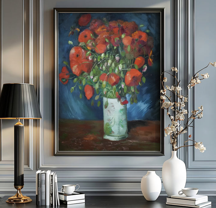 Vintage French botanical still life print of Vincent van Gogh Vase With Red Poppies 1886 capturing fiery crimson blossoms in Paris France. Discover custom framed prints, unframed poster options, and stretched canvas wall decor at MapYourDreams for your residential interior display.