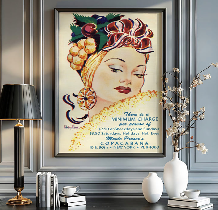 Monte Proser Copacabana tropical turban showgirl wall art print showing fine 1940s illustration details on aged parchment, presented by MapYourDreams as an unframed fine art print, gallery canvas decor, or custom framed wall art in bronze and gold frame choices.