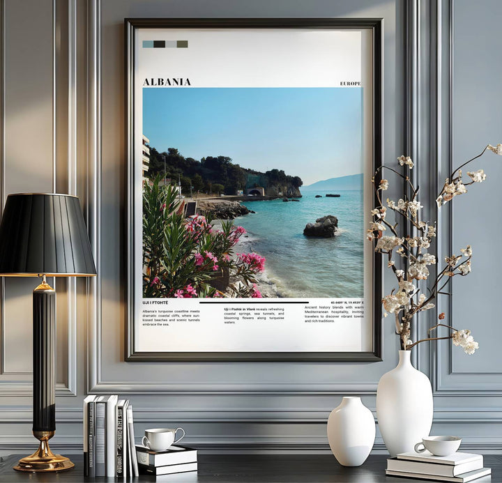 Scenic coastal vistas and tranquil sea waters blend seamlessly in this beautiful Balkan travel photography poster for creative homes and modern spaces. MapYourDreams provides custom choices like unframed archival paper, custom frames in various finishes, and stretched canvas wraps for a polished look.