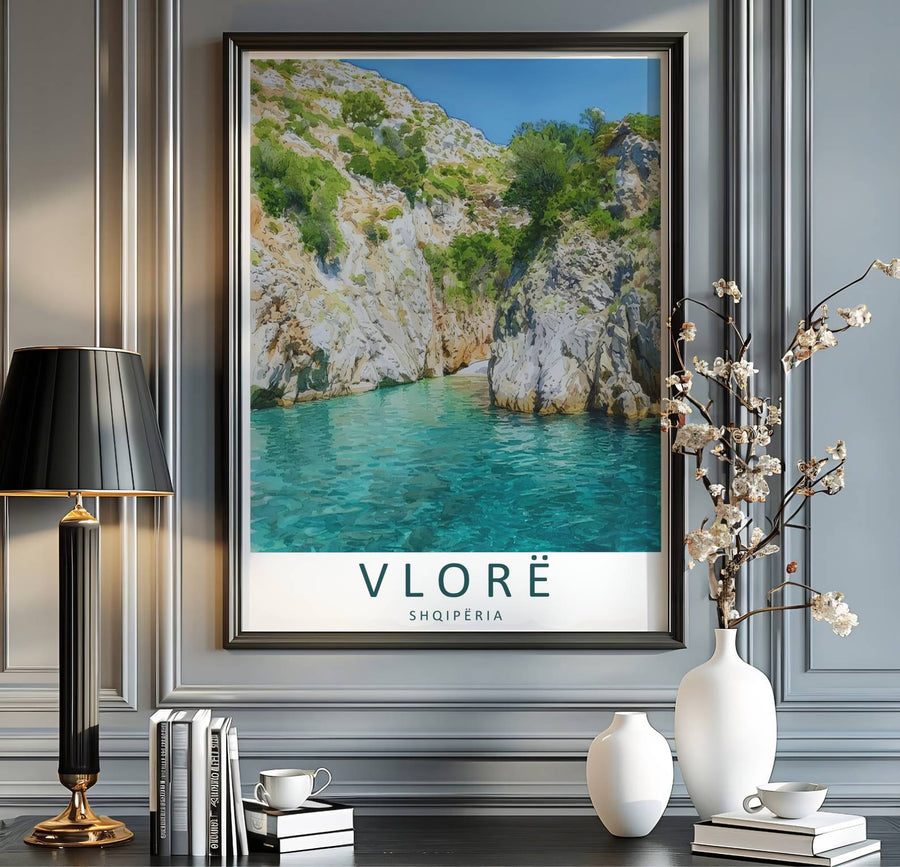 Scenic coastal gorges and monumental sea cliffs blend seamlessly in this beautiful Balkan travel vector illustration poster. MapYourDreams provides custom choices like unframed archival paper, custom frames in various finishes, and stretched canvas wraps for a polished look.