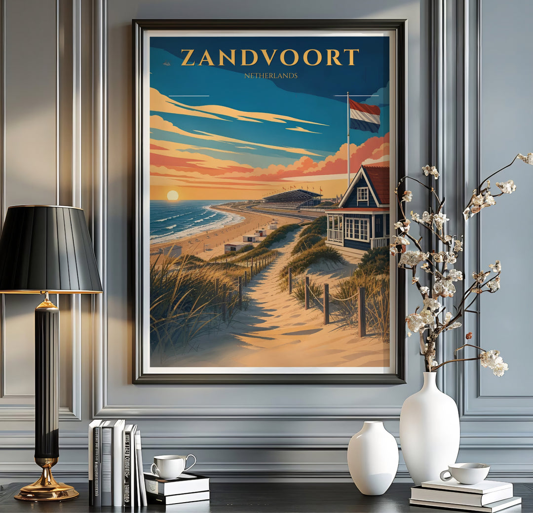 Graphic vector travel poster featuring the Zandvoort Netherlands dune coastline, ocean reflections, and retro beach house, offered by MapYourDreams where you can select an unframed poster, a gallery wrapped canvas, or a custom frame option to build a coastal gallery wall.