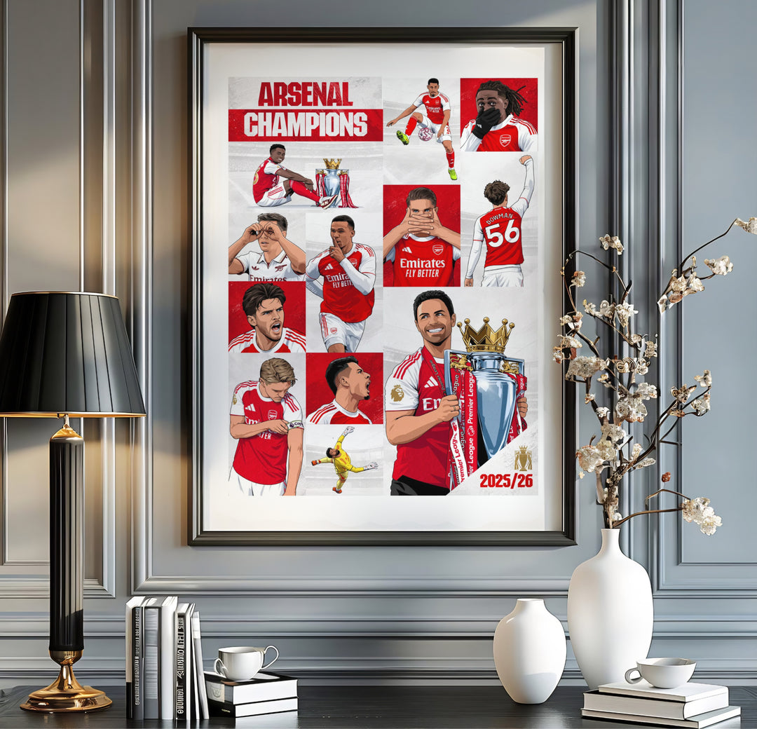 Exclusive Arsenal FC Premier League Champions 25/26 art print poster showing players at Emirates Stadium in North London, available as unframed prints, framed options, or canvas wall decor.