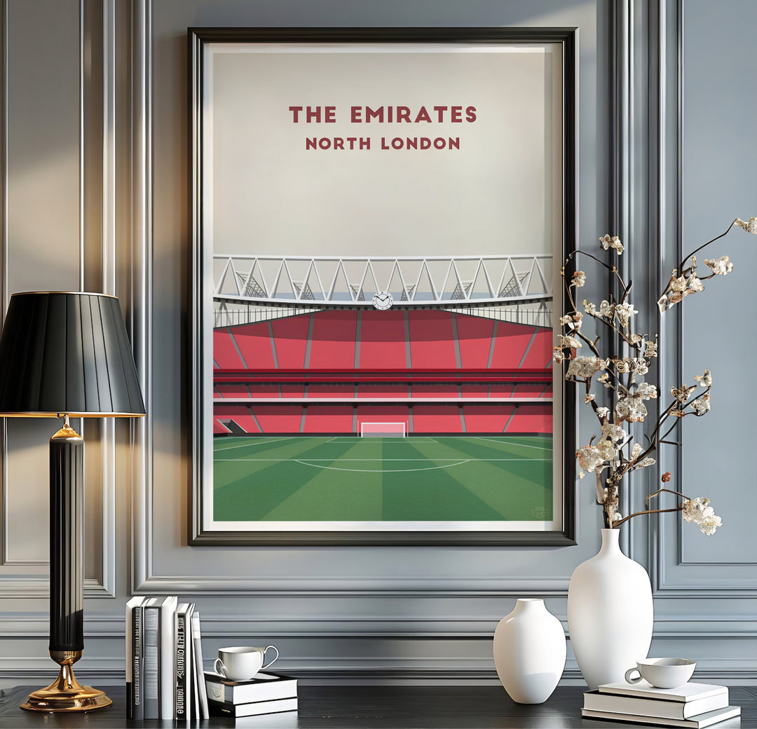 Authentic Arsenal Emirates Stadium wall art poster documenting the home pitch perspective in North London, available as unframed paper, framed wall art, or gallery canvas prints.