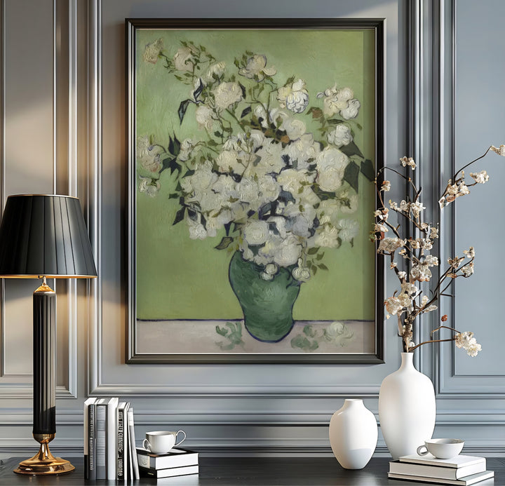 Rustic floral canvas art print of Vincent van Gogh Roses 1890 depicting a green vase and fallen petals in Saint-Remy-de-Provence France. MapYourDreams offers versatile framed wall art, unframed poster prints, and stretched canvas choices for art lovers and home decorators.